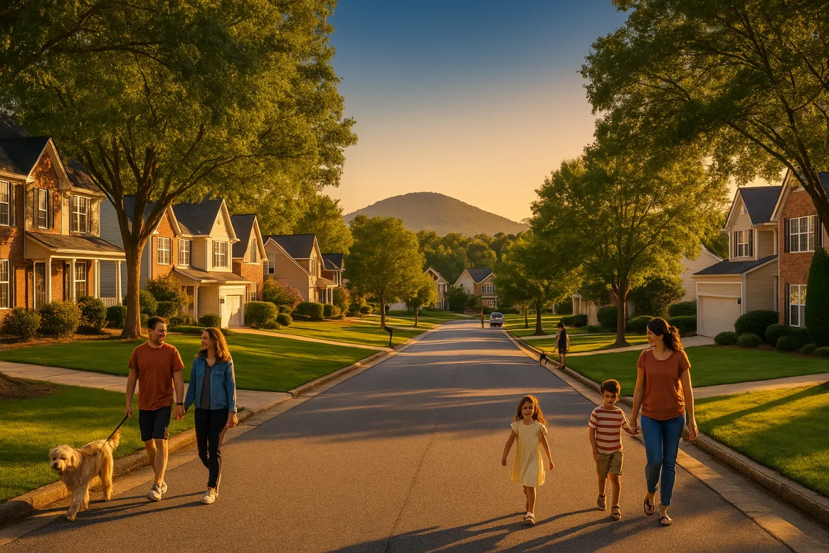 Family-friendly West Cobb Georgia neighborhood street scene with mature trees and Kennesaw Mountain in the background