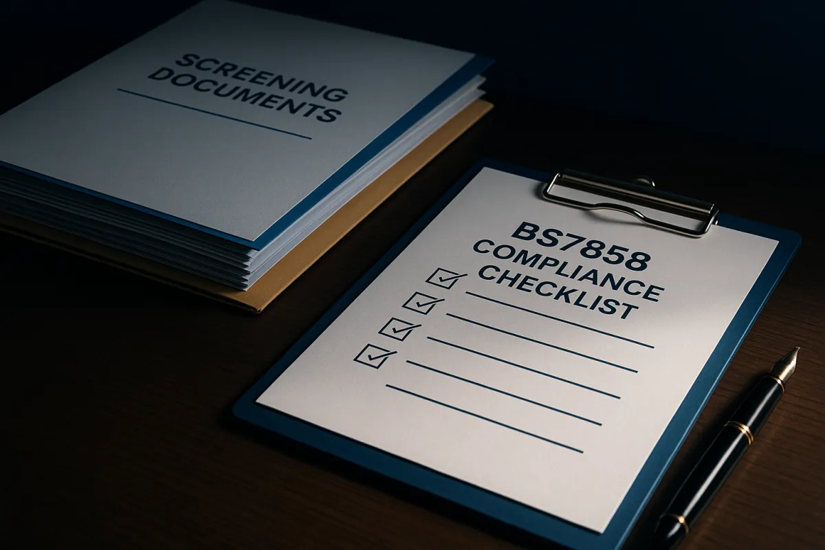 BS7858 compliance audit documents and checklist on a desk