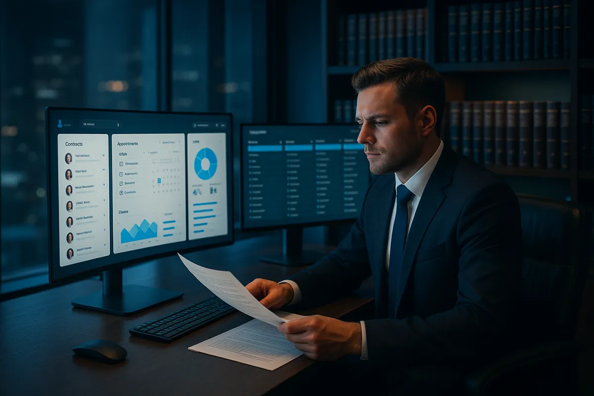 Rechtsanwalt mit CRM-Dashboard im modernen Kanzleibüro – Bestes CRM für Rechtsanwälte 2026