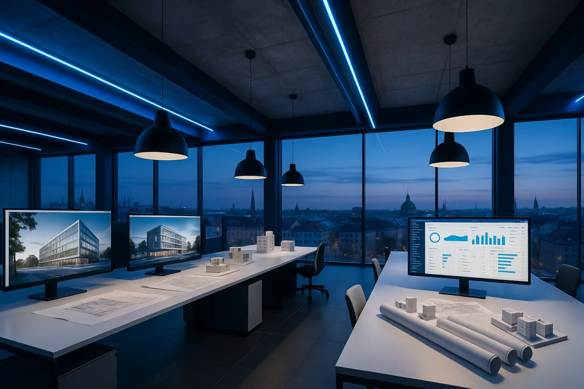 Modernes Architekturbüro mit CRM-Dashboard auf Monitoren, Gebäudemodellen und Stadtpanorama im Hintergrund