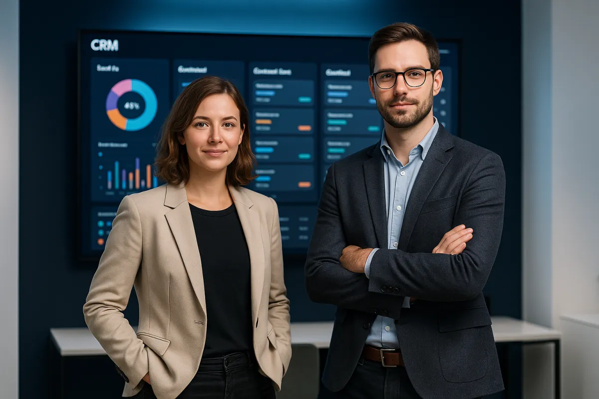 Zwei stehende Webdesigner vor CRM-Dashboard-Bildschirm in modernem Büro mit Brandfarben