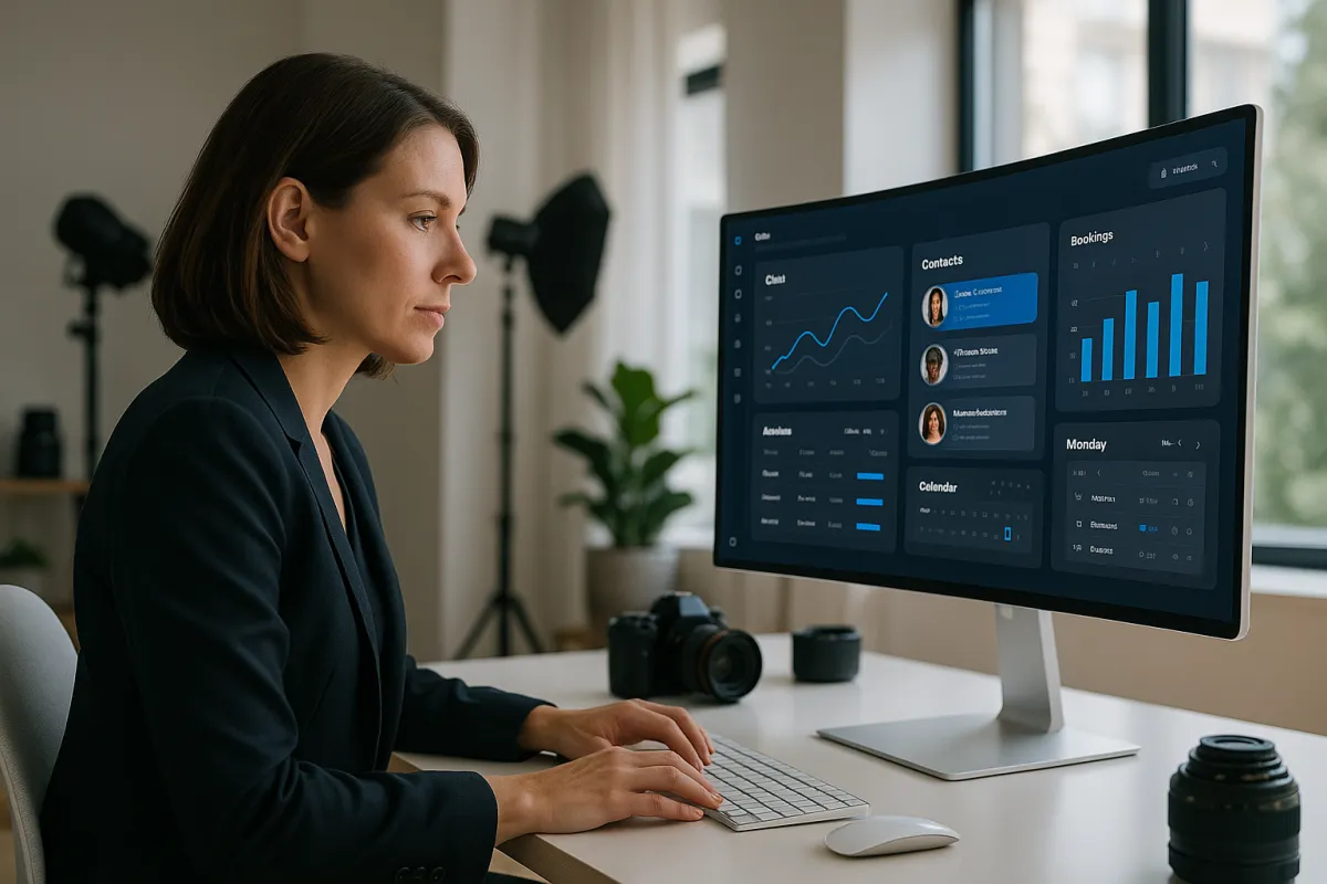 Fotografin sitzt an modernem Arbeitsplatz mit CRM-Dashboard auf Monitor und Kameraausrüstung im Hintergrund