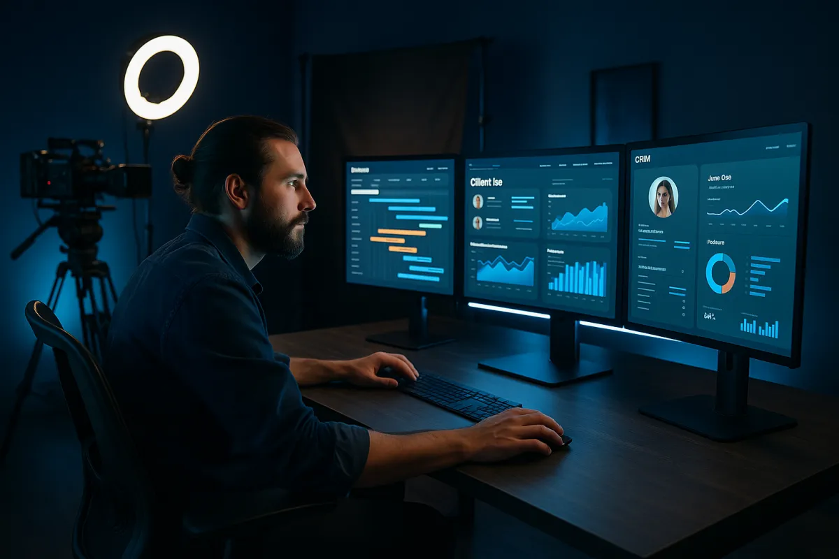 Videograf sitzt an modernem Arbeitsplatz mit CRM-Dashboard auf Monitor und Kameraausrüstung im Hintergrund
