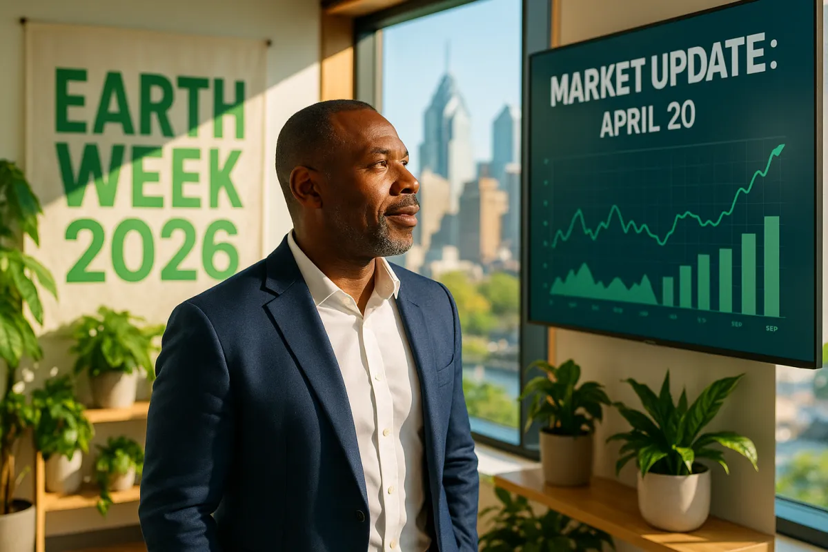 A photorealistic, high-energy shot of a professional man (John Smart style) in a bright, eco-friendly Philadelphia office, looking at a digital market report with MARKET UPDATE: APRIL 20 and green Earth Week branding in the background.