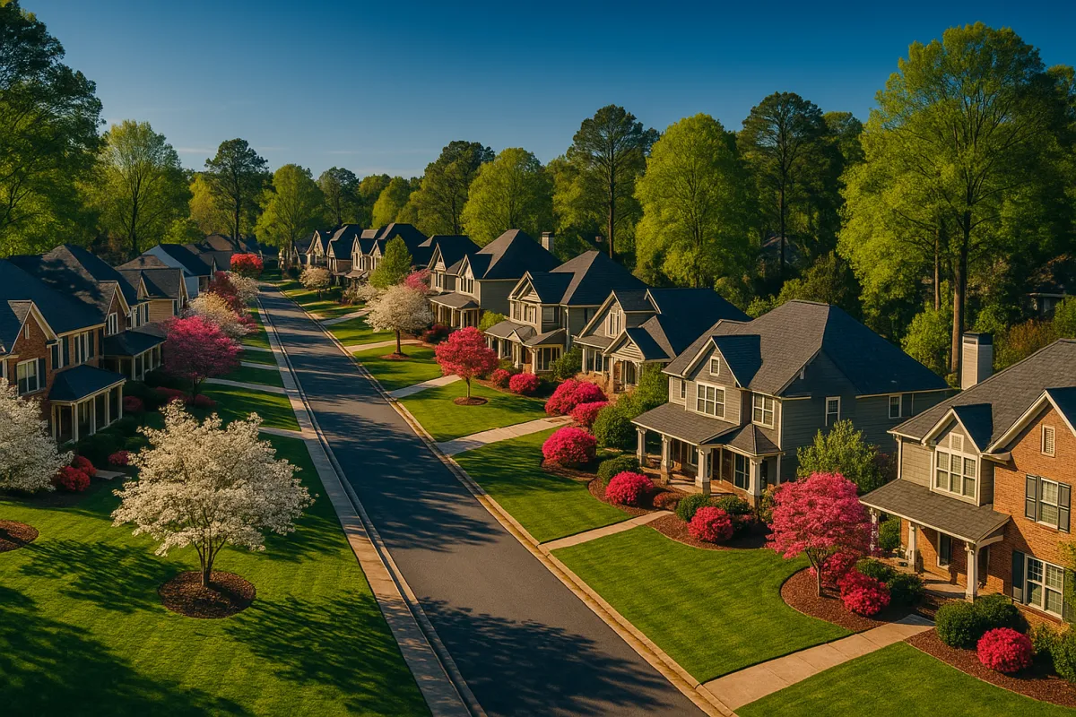 Aerial view of a West Cobb, Georgia neighborhood in spring with lush green lawns and blooming trees — a seller's market in 2026