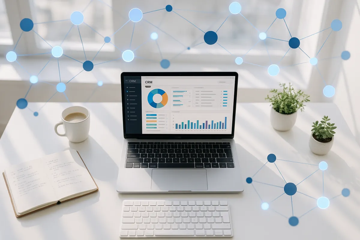 Vogelperspektive auf modernen hellen Tech-Workspace mit CRM-Dashboard, Netzwerk-Nodes in Blautönen und Tageslicht