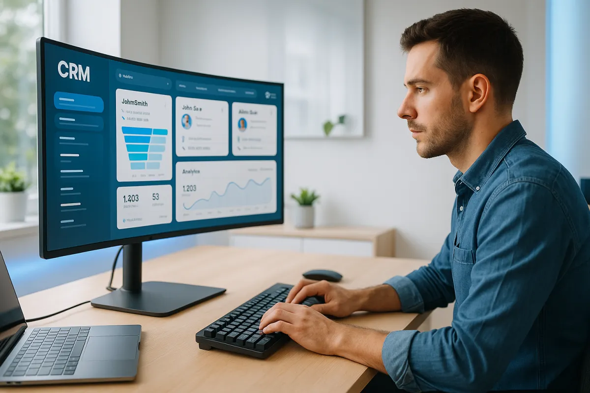 Softwareentwickler an modernem Tech-Workspace mit CRM-Dashboard auf dem Monitor