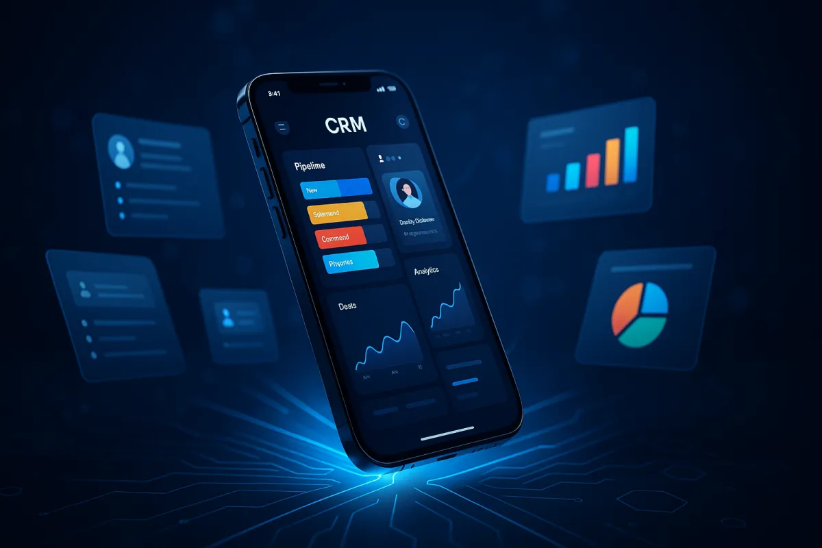 Futuristisches schwebendes Smartphone mit CRM-Dashboard und App-UI-Panels in Blau-Navy-Tönen