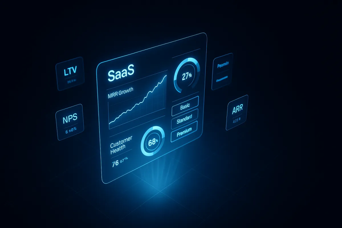 Holografisches SaaS-Dashboard mit MRR-Kurven, Churn-Gauges und schwebenden Subscription-Karten in Navy und Blau