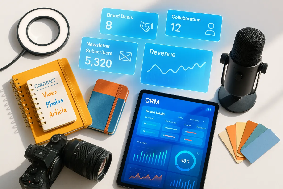 Heller Flat-Lay mit Kamera, Mikrofon, Content-Planungstools und schwebenden CRM-Metrik-Karten in Blau und Weiß