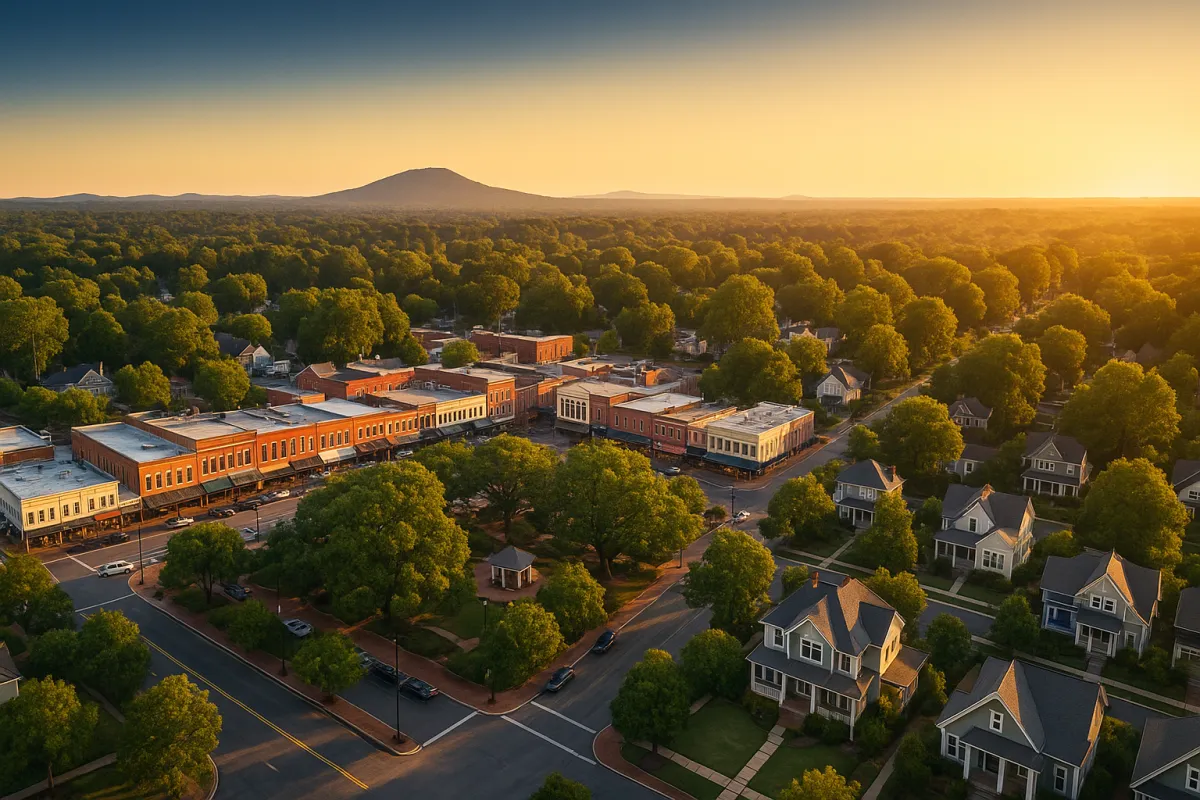 Aerial golden hour view of Marietta Square, Georgia — historic storefronts, tree-lined streets, and Kennesaw Mountain in the distance