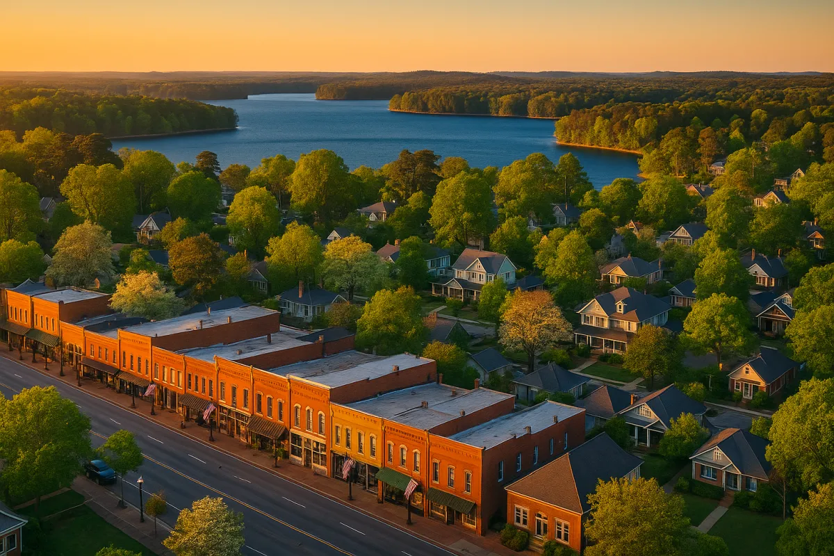 Aerial golden hour view of Old Town Acworth, Georgia with Lake Allatoona shimmering in the background — Acworth real estate 2026
