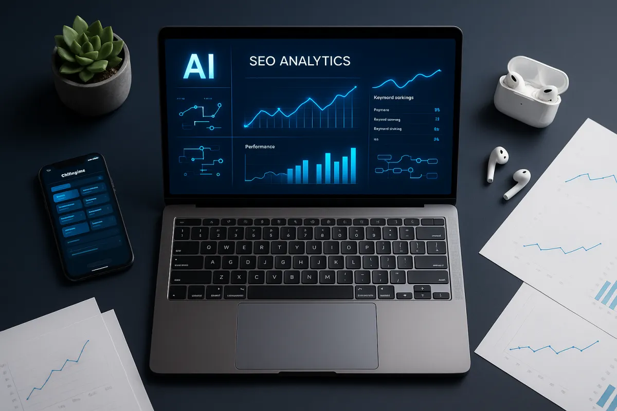 Moderner Laptop mit KI-SEO-Dashboard auf marineblauem Schreibtisch – symbolisch für das beste KI-Tool für SEO Agenturen