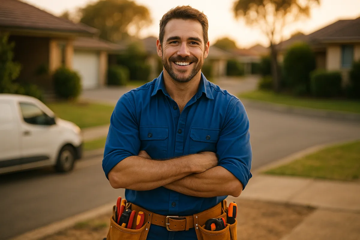A friendly, confident tradie smiling on a job site