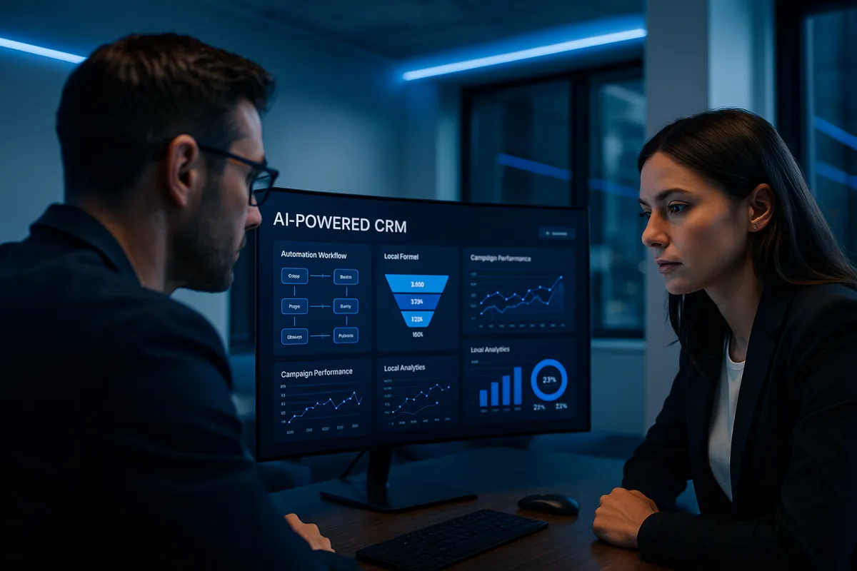 Modernes Agentur-Büro mit KI-CRM-Dashboard in Deep-Navy und Blau – das beste KI-Tool für Werbeagenturen