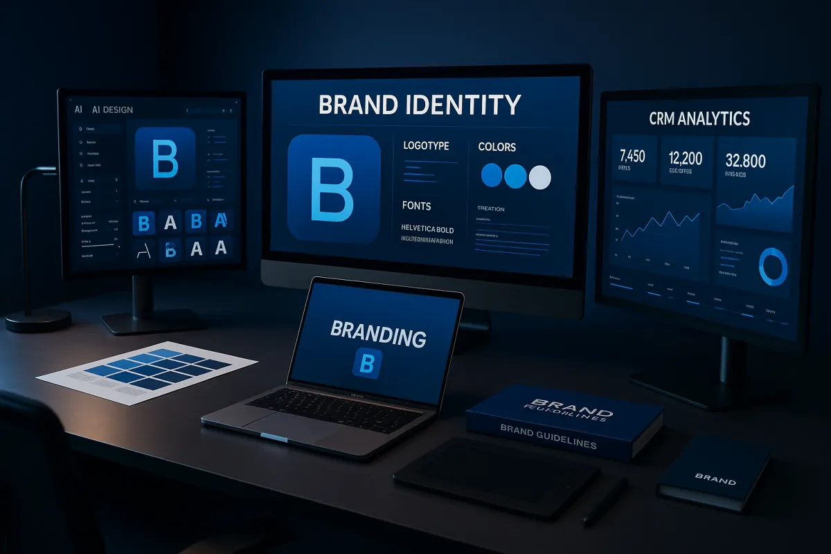 Modernes Branding-Agentur-Büro mit KI-CRM-Dashboard in Deep-Navy und Blau – das beste KI-Tool für Branding Agenturen
