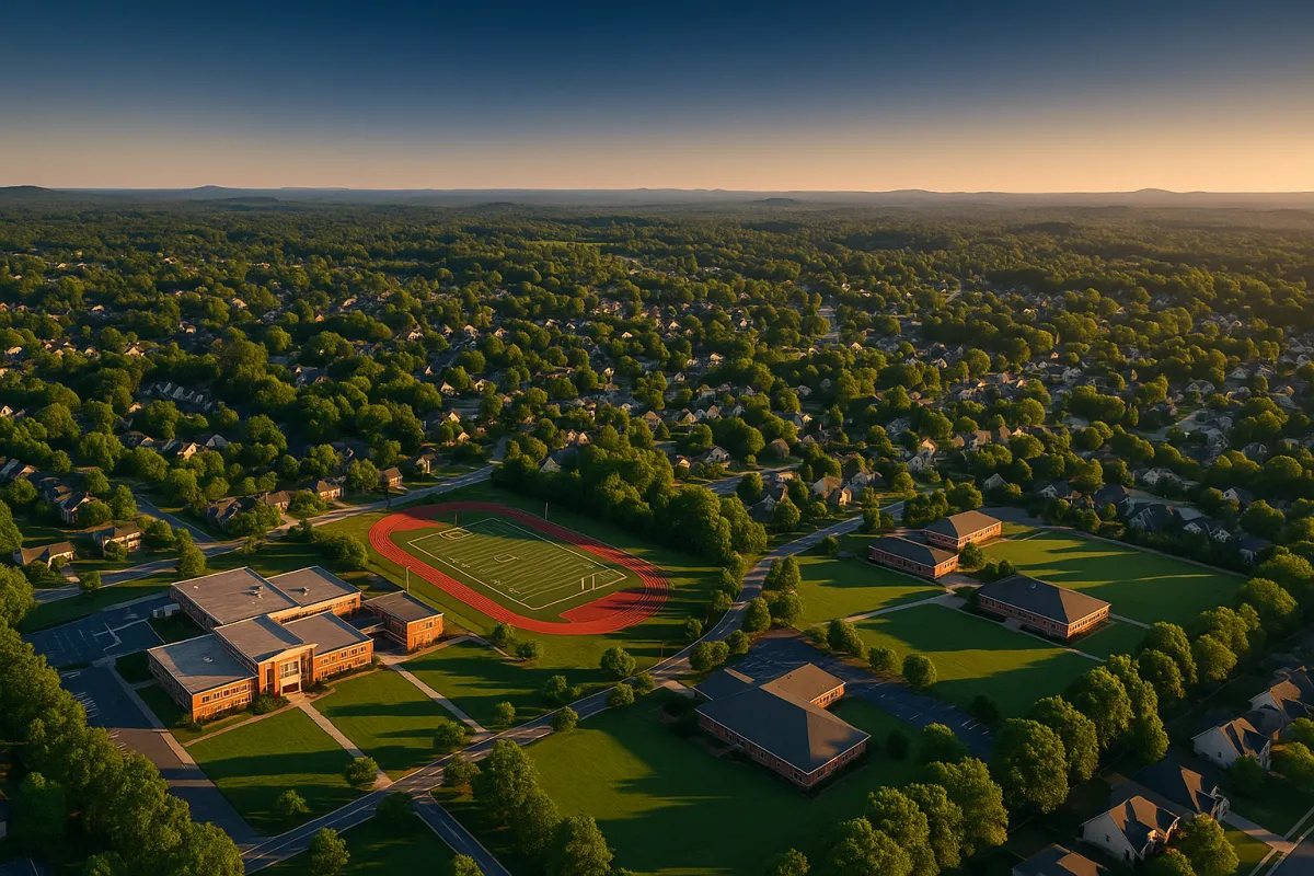 Aerial view of NW Metro Atlanta suburban communities with school campuses and neighborhoods across Cobb, Cherokee, Paulding and Bartow counties