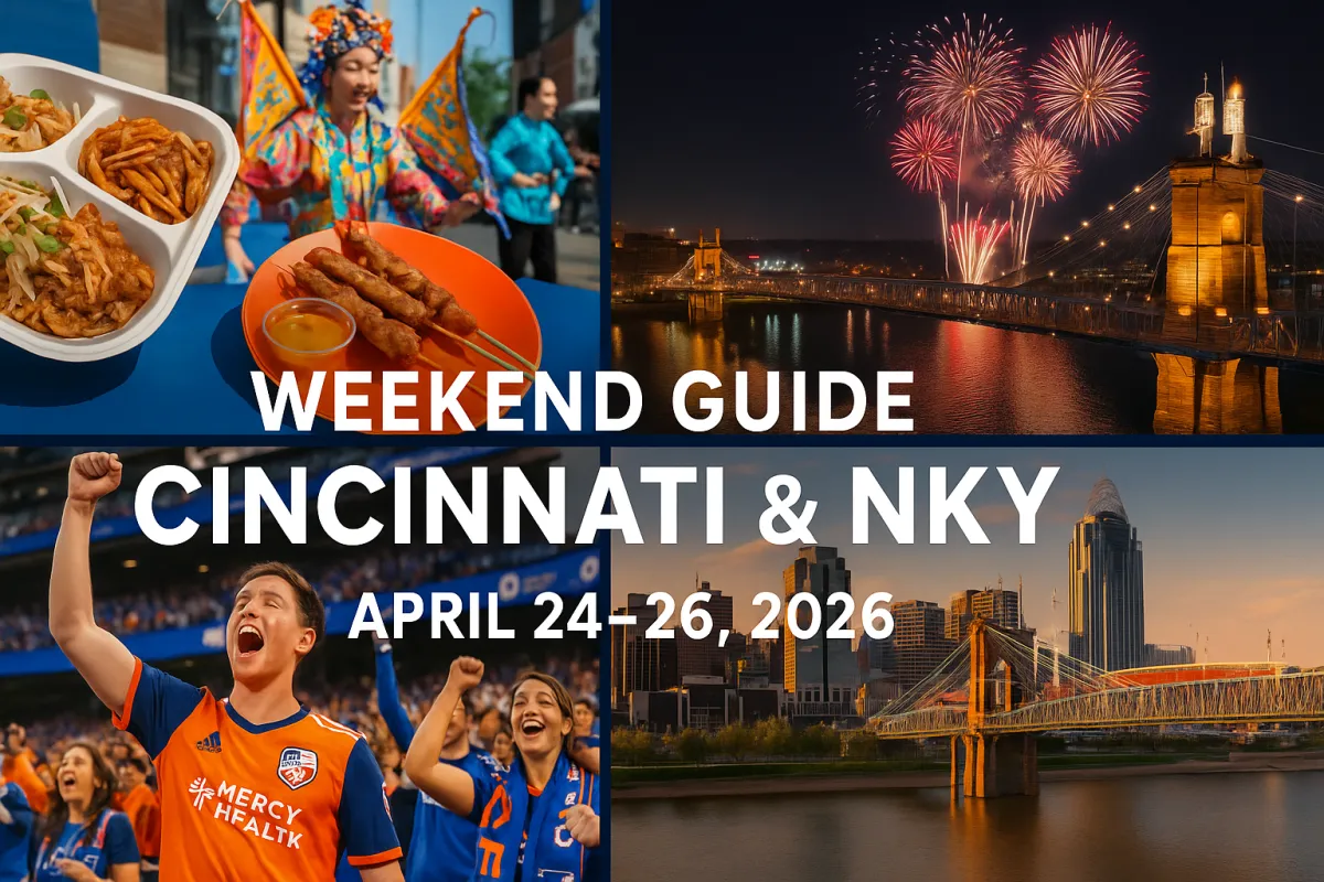 Weekend Guide Cincinnati and Northern Kentucky April 24–26, 2026 featuring Asian Food Fest at Court Street Plaza, Cincinnati Reds fireworks at Great American Ball Park, FC Cincinnati at TQL Stadium, and downtown skyline with Roebling Bridge