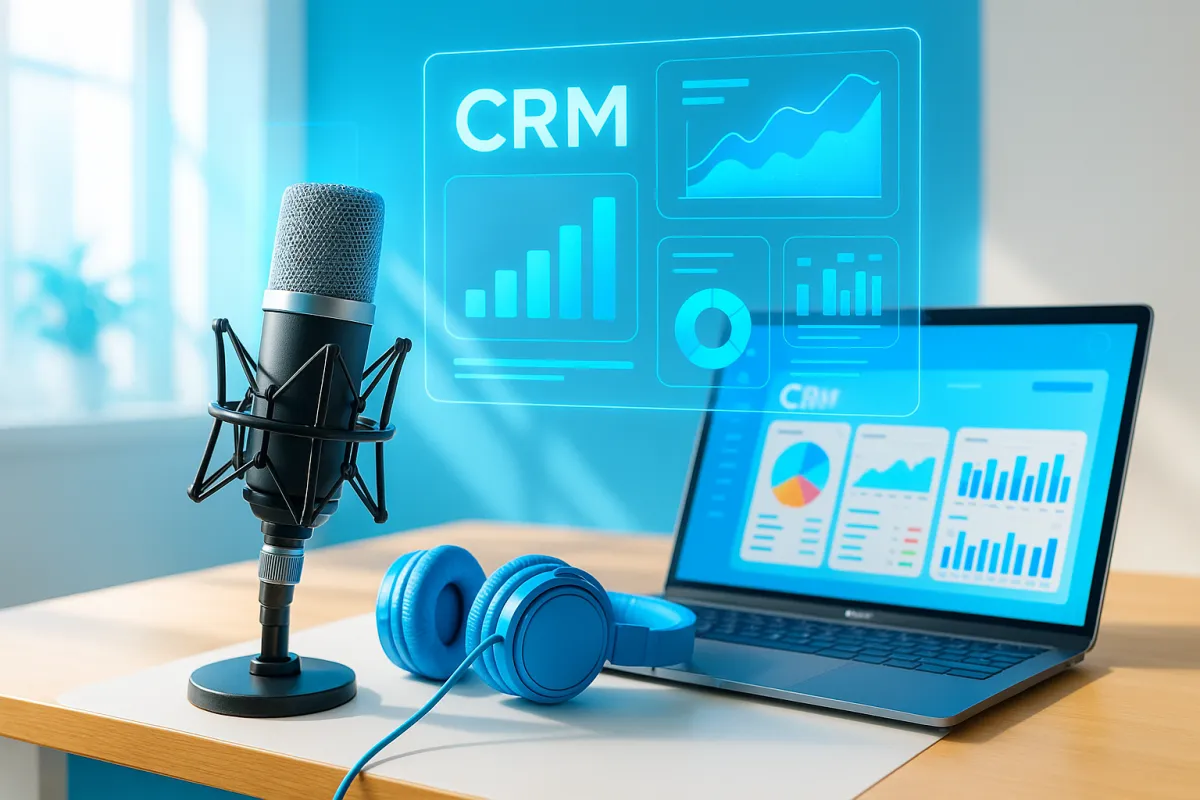 Helles, farbenfrohes Podcast-Studio mit Mikrofon, Kopfhörern und buntem CRM-Dashboard auf einem Laptop