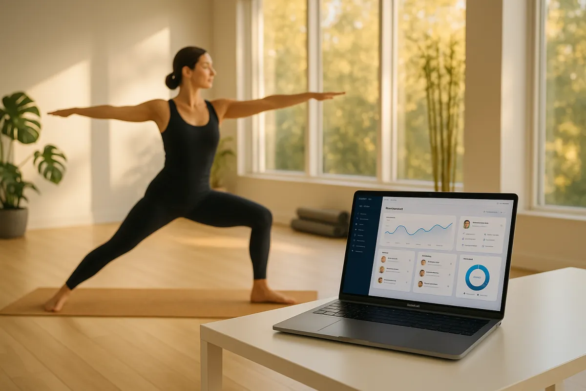 Modernes Yoga Studio mit CRM-Dashboard auf einem Laptop – bestes CRM für Yoga Studios
