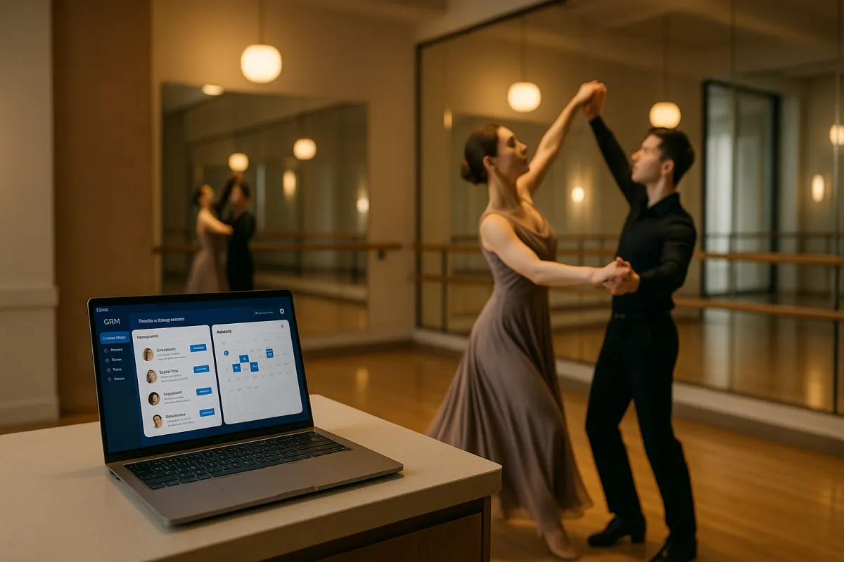 Moderne Tanzschule mit CRM-Dashboard auf einem Laptop – bestes CRM für Tanzschulen