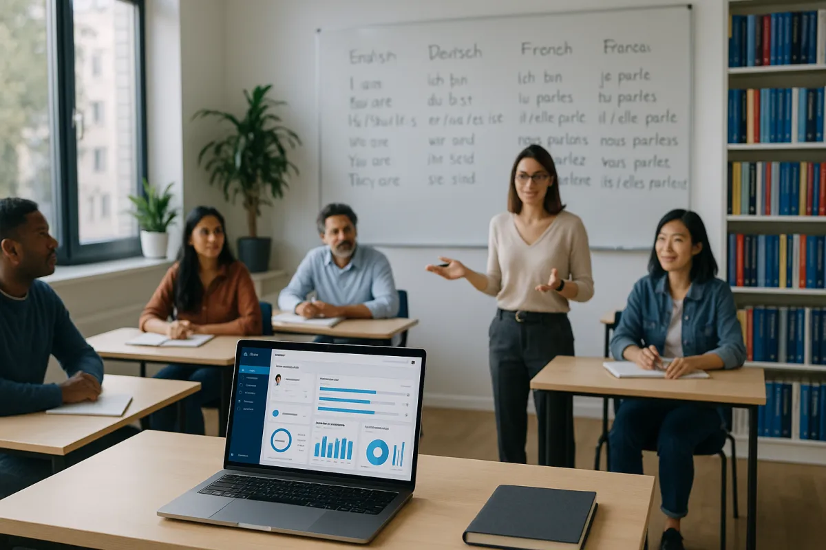 Moderne Sprachschule mit CRM-Dashboard auf einem Laptop – bestes CRM für Sprachschulen