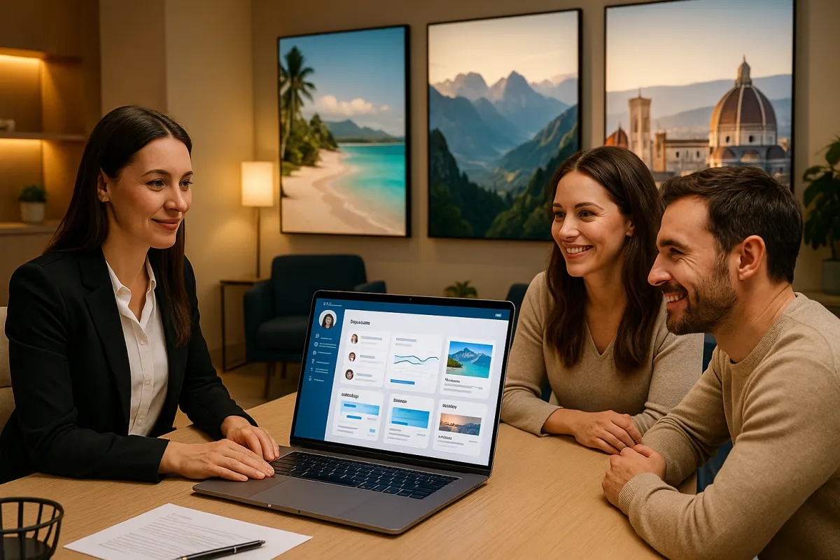 Modernes Reisebüro mit CRM-Dashboard auf einem Laptop – bestes CRM für Reisebüros