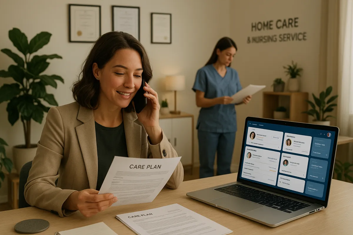 Professionelles Pflegedienst-Büro mit CRM-Dashboard auf einem Laptop – bestes CRM für Pflegedienste