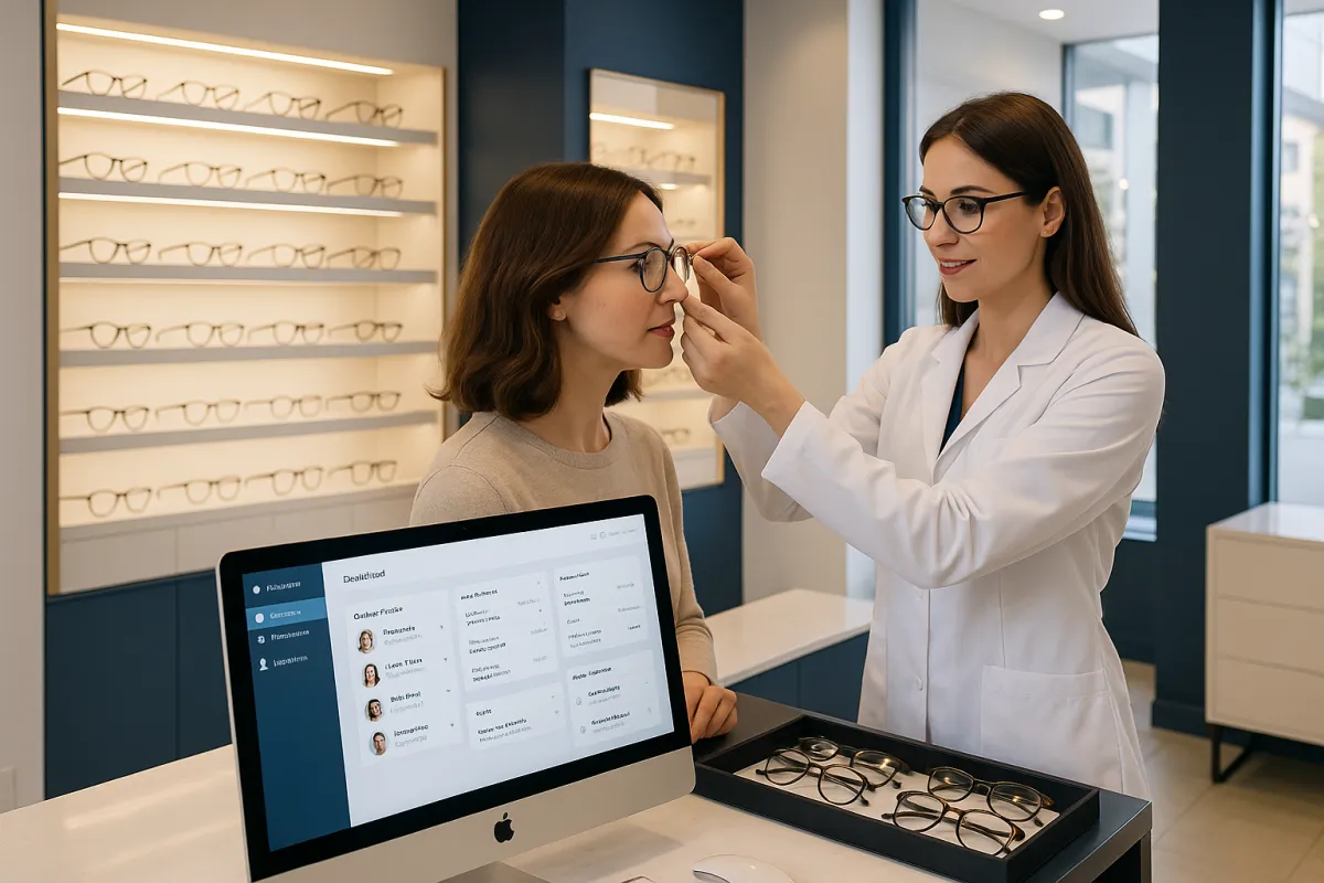 Modernes Optiker-Fachgeschäft mit CRM-Dashboard auf einem iMac – bestes CRM für Optiker