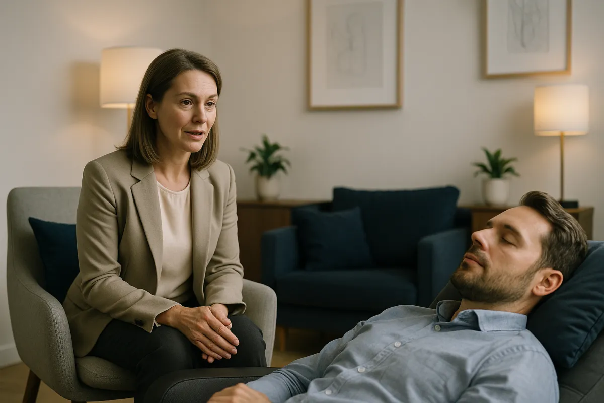 Hypnosetherapeut mit entspanntem Klienten in professioneller Sitzung – bestes CRM für Hypnosetherapeuten