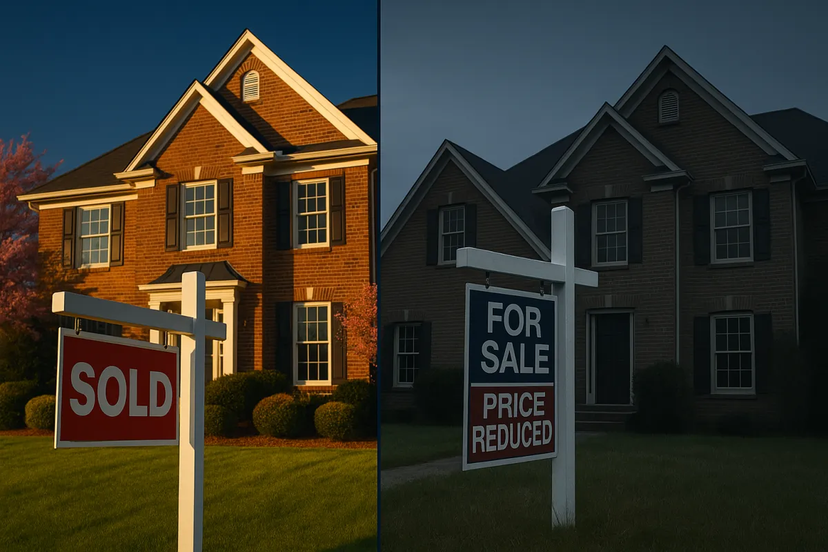 Two West Cobb homes side by side - one SOLD fast, one sitting with Price Reduced sign - illustrating Cobb County two-speed real estate market 2026