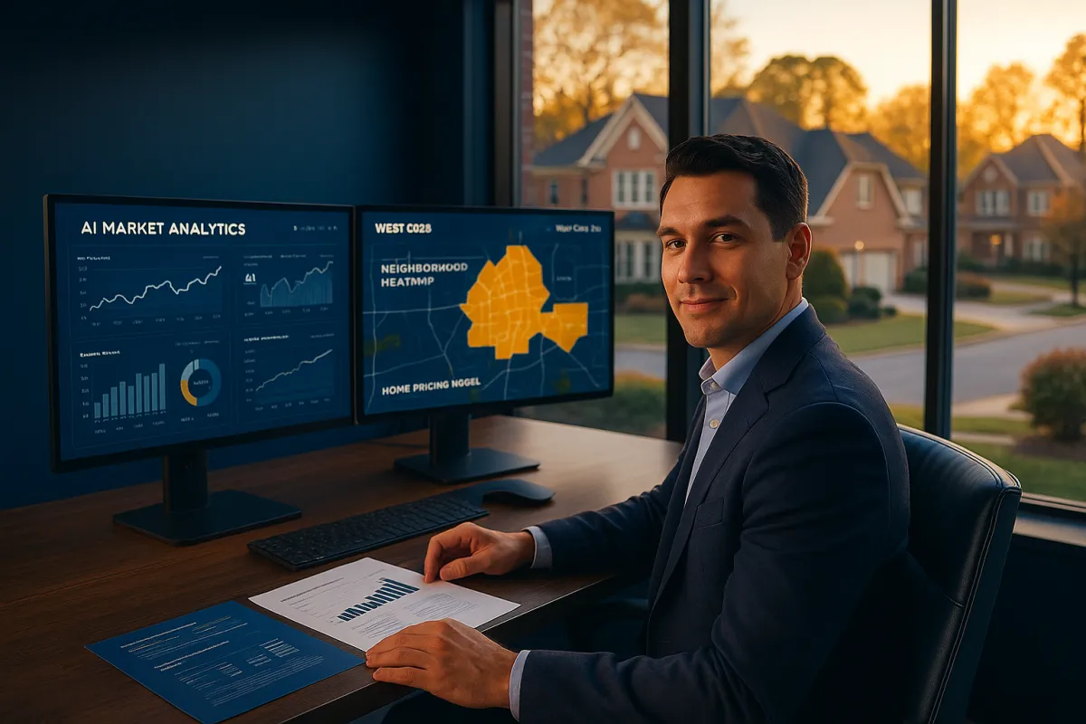 AI-certified real estate professional reviewing market analytics and home data on dual screens with a West Cobb Georgia neighborhood visible through the window