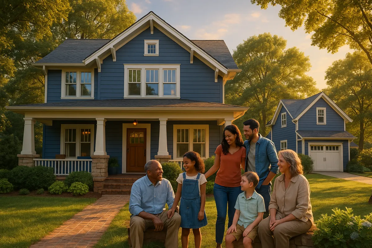Multigenerational family outside a large home with ADU in NW Metro Atlanta Georgia