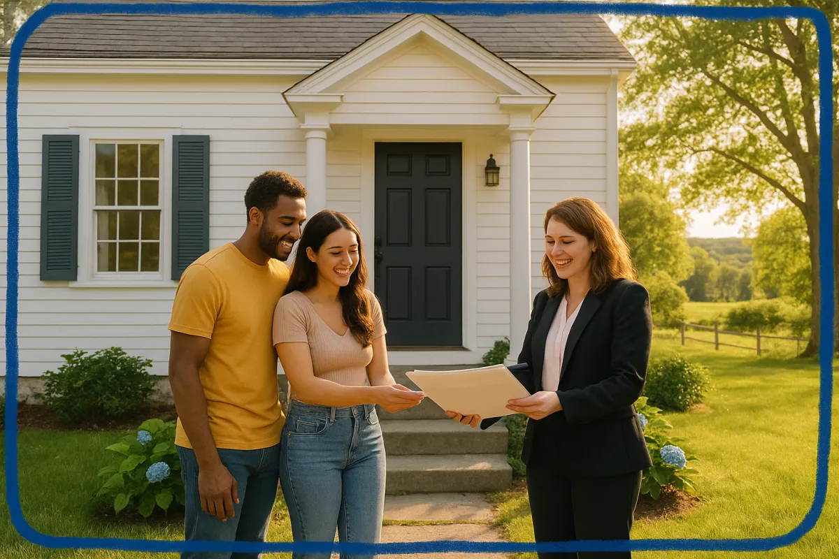 Diverse couple and friendly real estate agent reviewing home purchase documents on the front steps of a colonial home in Windham County Connecticut