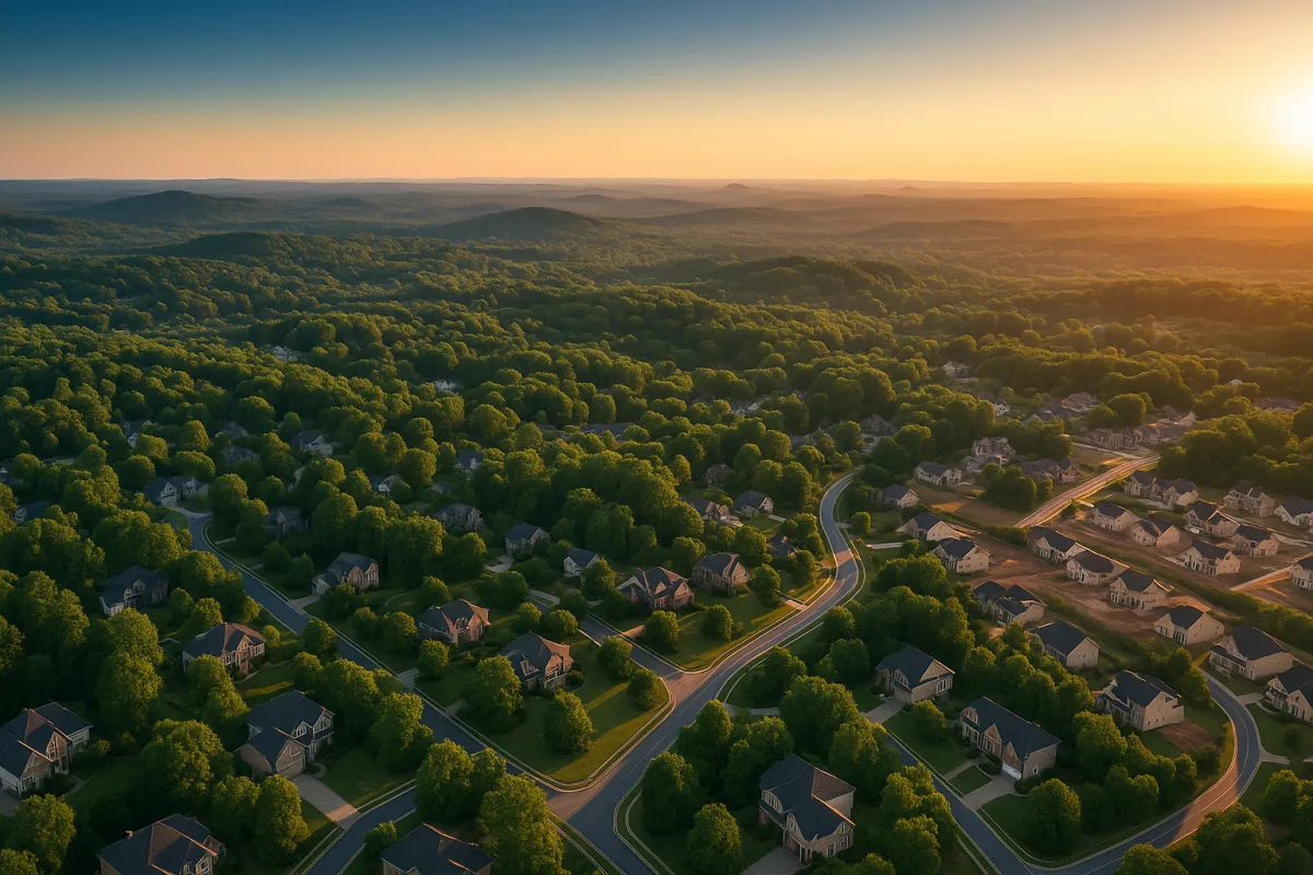 Aerial golden hour view of Northwest Metro Atlanta suburbs — March 2026 real estate market update by Team Haigh Realty