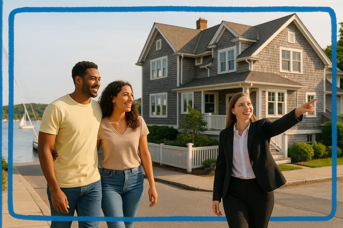 Smiling diverse couple and female real estate agent walking along a coastal Connecticut street in New London County on a bright sunny afternoon