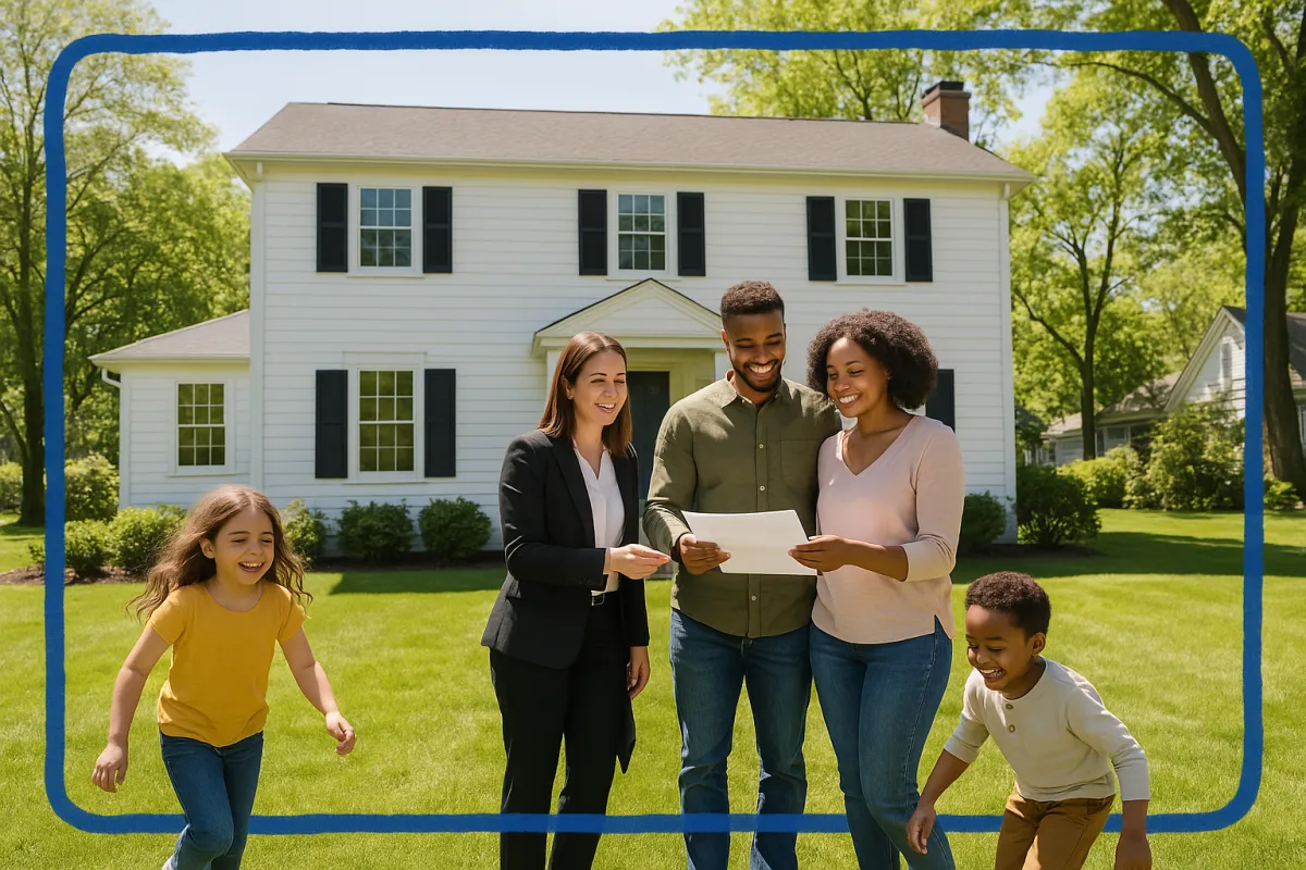 Happy diverse family with young children and a female real estate agent reviewing paperwork in front of a colonial home in a suburban Tolland County Connecticut neighborhood