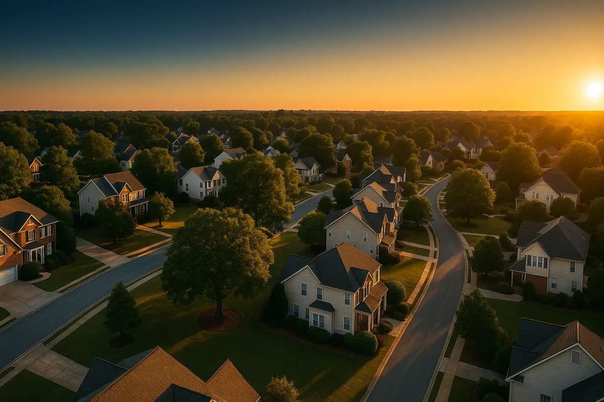 Aerial golden hour view of a West Cobb Georgia neighborhood — Team Haigh Realty home selling guide for Cobb County sellers