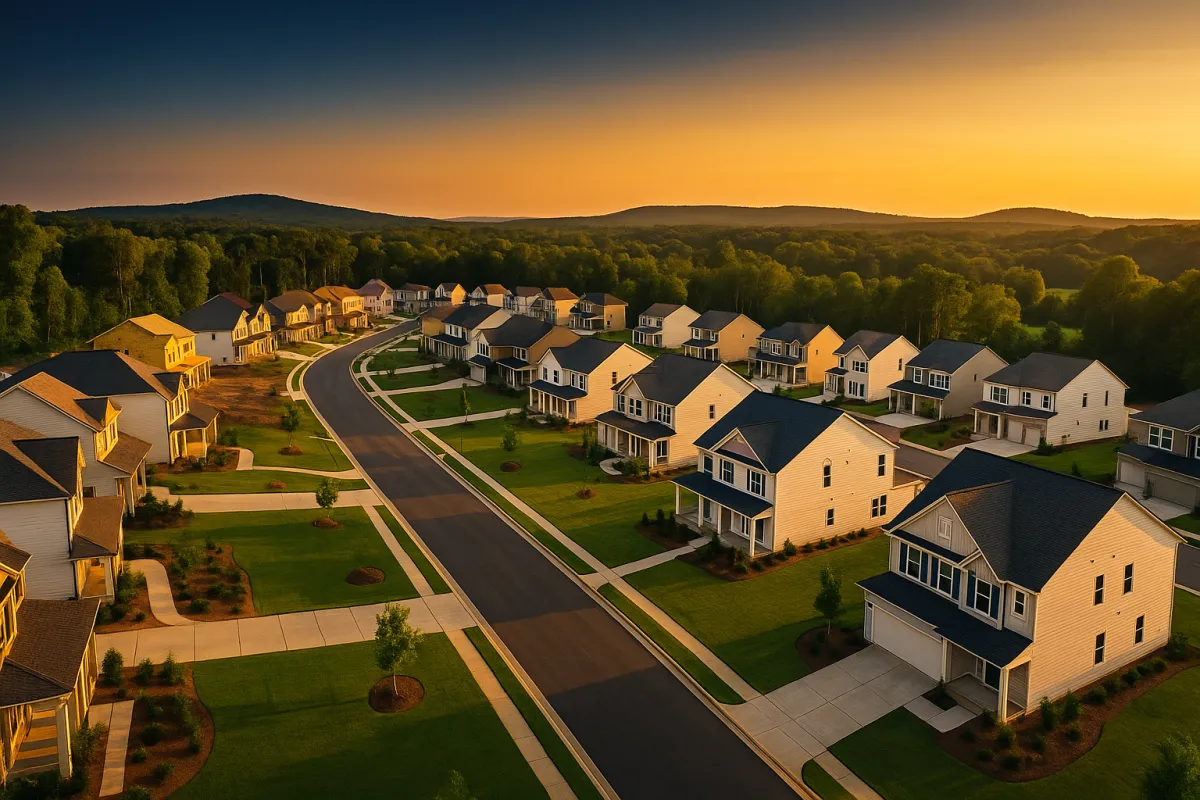 Aerial golden hour view of a new construction neighborhood in Northwest Metro Atlanta Georgia — Team Haigh Realty new construction buyer guide