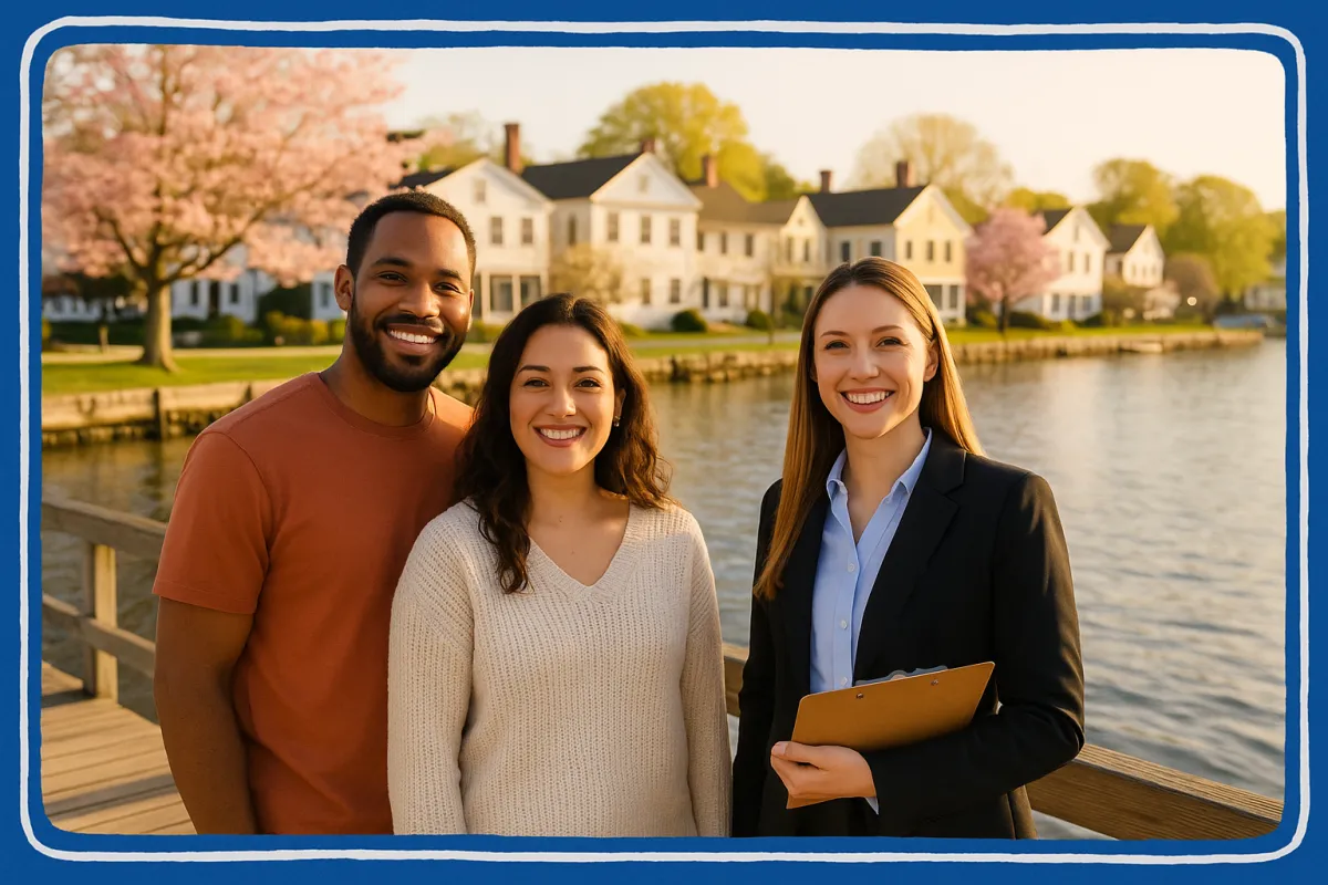 Smiling diverse couple and female real estate agent standing on a dock overlooking the Connecticut River in Essex Connecticut with flowering dogwood trees and historic Main Street in the background