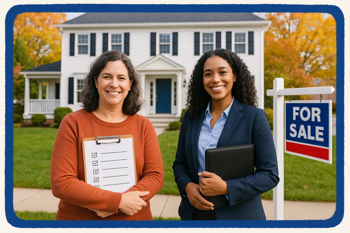 Connecticut homeowner and female real estate agent reviewing a home selling checklist outside a colonial home with a For Sale sign