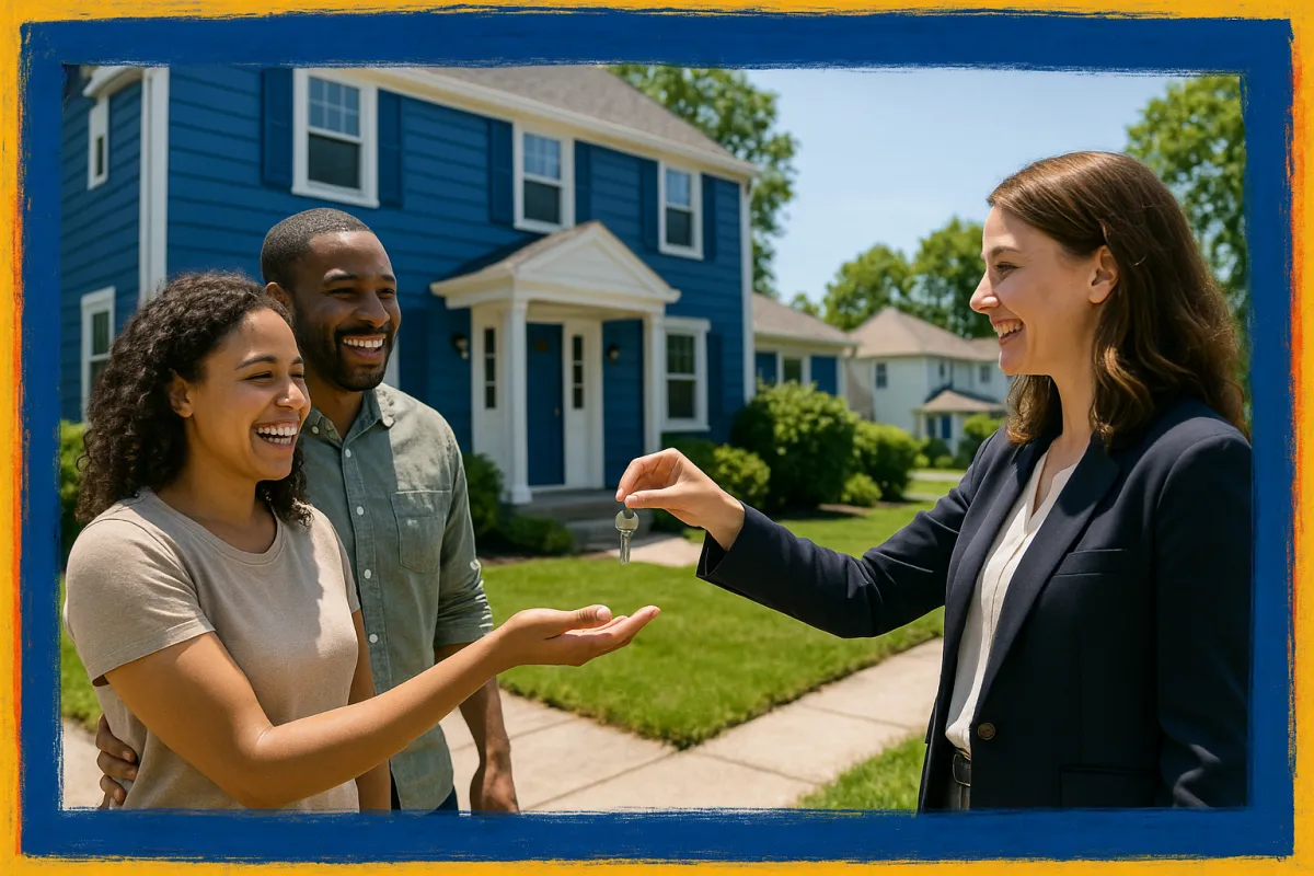 Diverse couple receiving house keys from a smiling female real estate agent outside a Connecticut home on a sunny day
