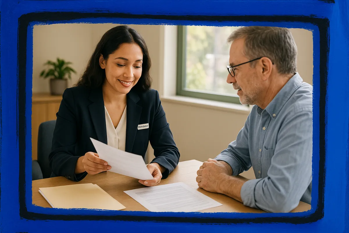 Female real estate agent and adult client reviewing probate real estate documents at a professional office table with soft natural lighting
