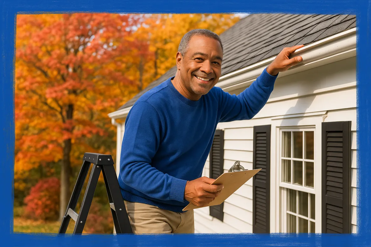 Connecticut homeowner inspecting roof gutters in fall with a checklist and ladder outside a colonial style home