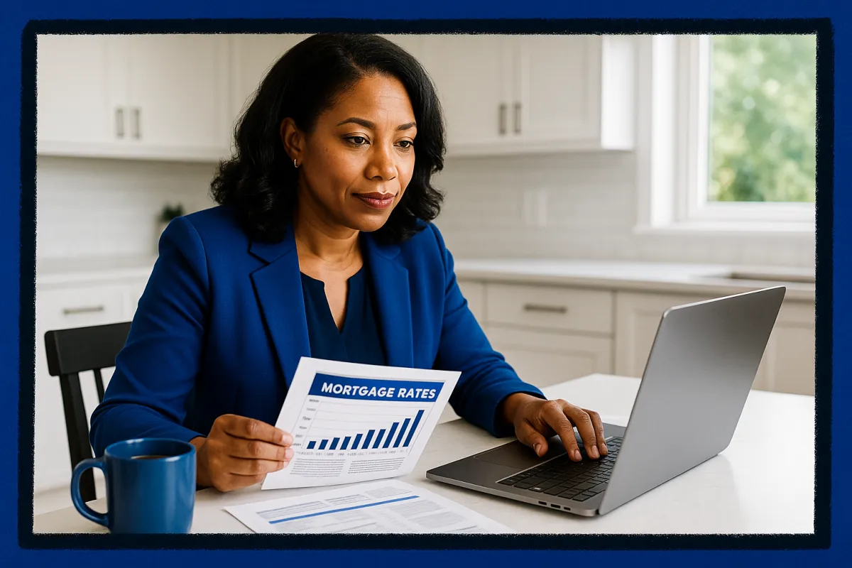 Connecticut homeowner reviewing financial documents and mortgage rate charts at a kitchen table with a laptop and coffee