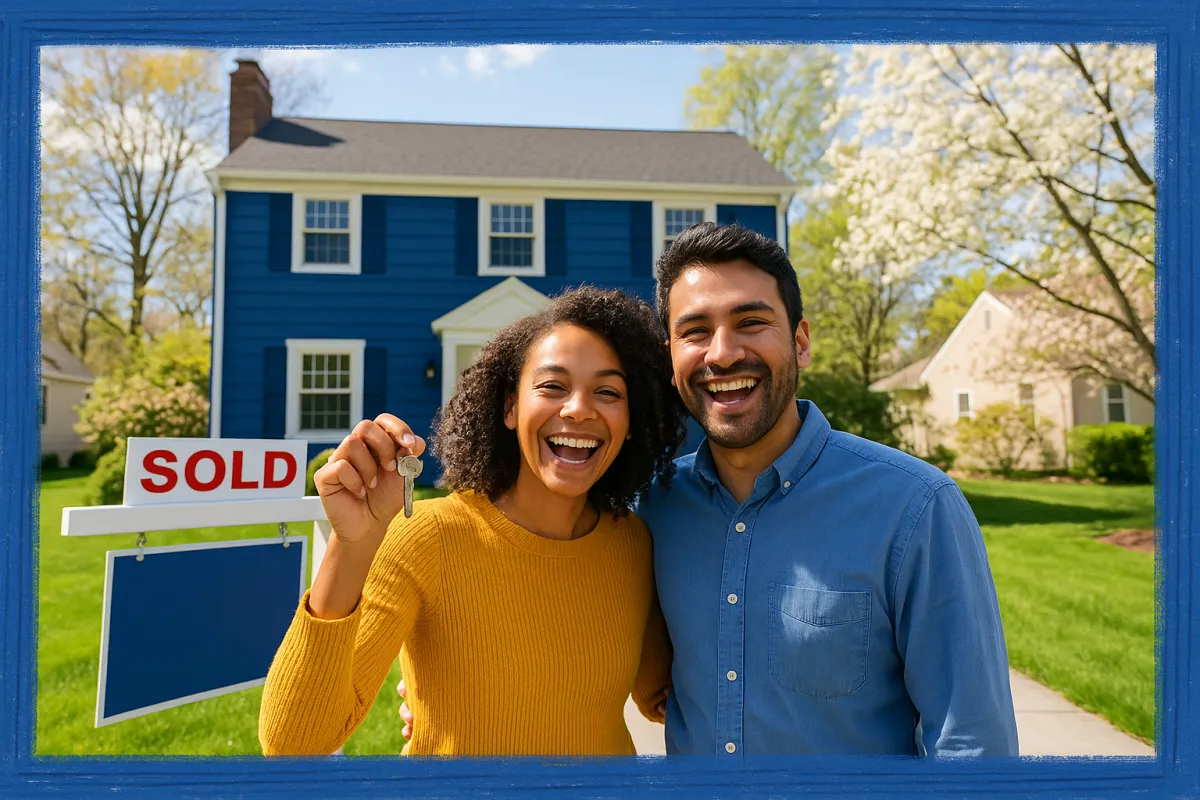 Smiling diverse couple standing in front of a Connecticut home with a Sold sign, holding house keys on a sunny spring day
