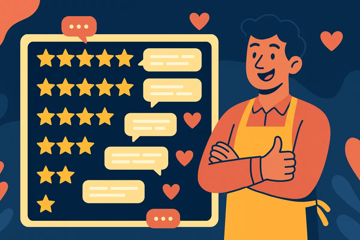 Cartoon illustration of a business owner in front of a digital billboard with customer reviews and star ratings