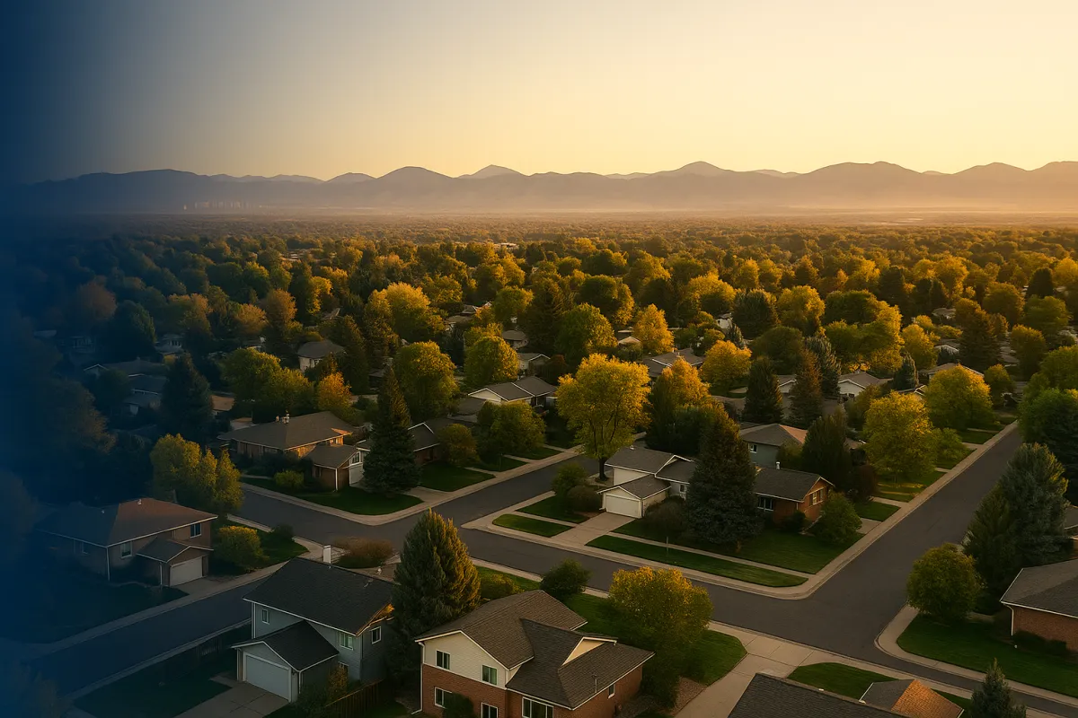 Aerial view of a Littleton Colorado residential neighborhood with the Rocky Mountains in the background