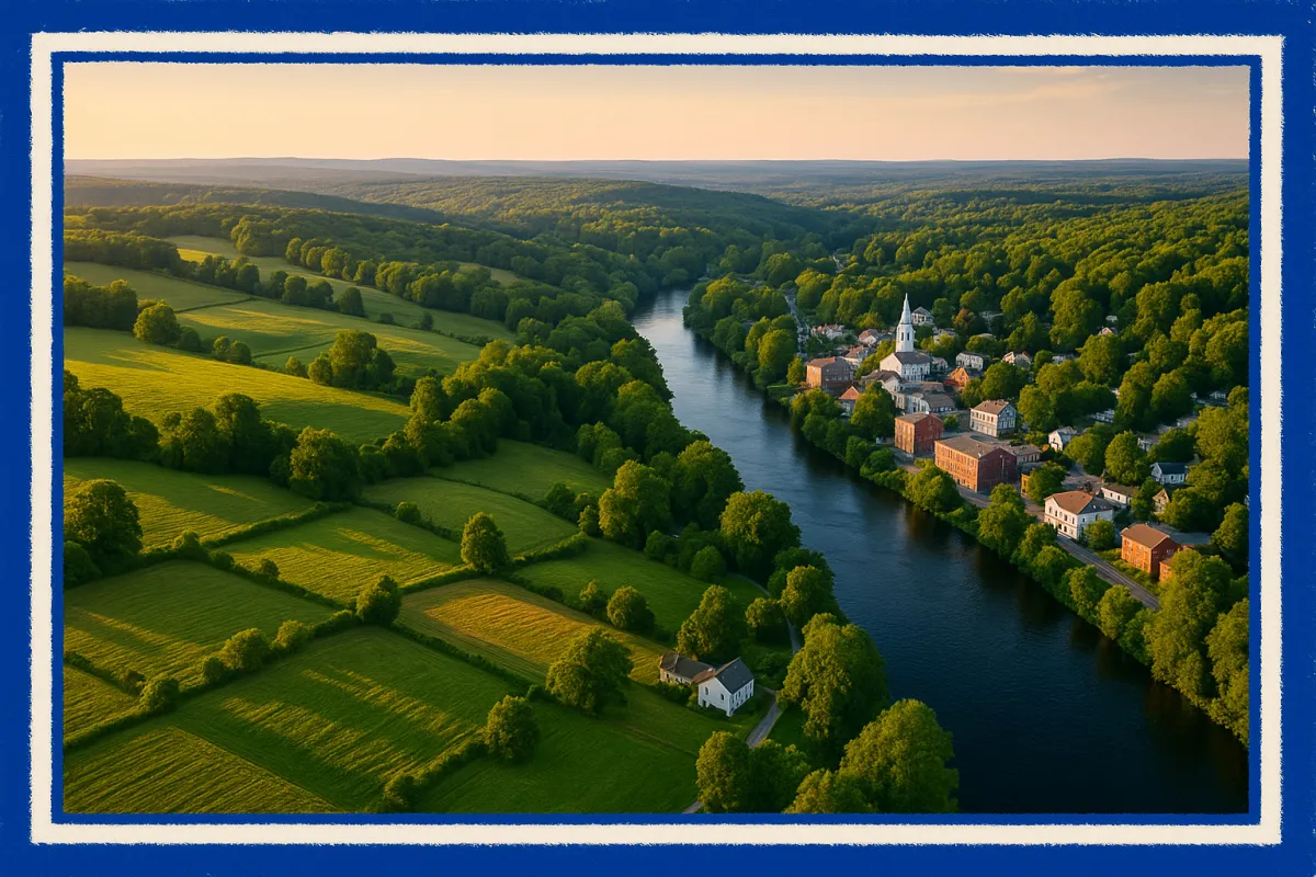 Scenic view of rolling green hills and a charming New England mill town in Windham County Connecticut on a sunny spring day