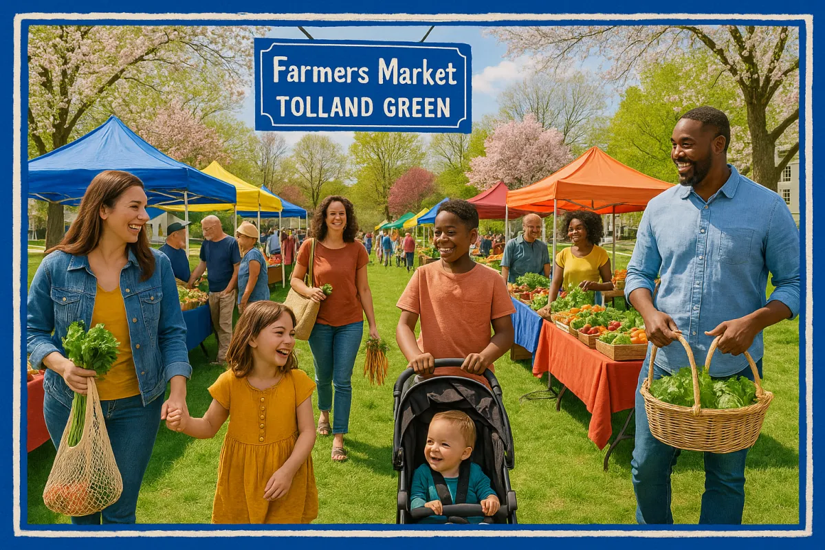 Families enjoying a spring farmers market on the historic Tolland Green in Tolland County Connecticut on a sunny day